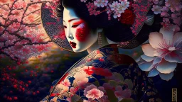 Japanese Geisha, illustration, digital art ,Vintage, Gothic, God Rays, vibrant colours, stylish ,Dark and Gorgeous art , GOD LIGHTING, Eiko Ishioka costume designer,, 32Κ, macro realistic,macro, sunbeams,beautiful, insanely detailed, cherryblossom zen garden, manga,anime,