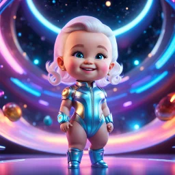 (masterpiece, best quality, 8k, RAW photo, beautiful and aesthetic:1.2), complex detail, Indirect light, photorealistic, (((full body))), Cosmic Boss Baby style smiling, Long clear curvy hair, colorfull Sci-Fi environment