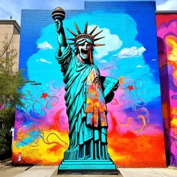 bright colorful graffiti CORRUPTED JUSTICE, nihilistic, eschatological corrupted sinister statue of liberty gaping maw biomechanical tentacles, by Os Gemeos and seth Globepainter