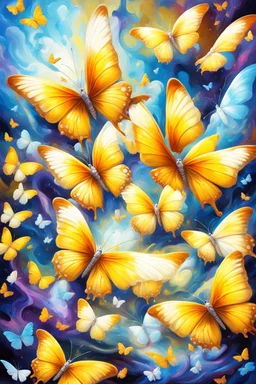 vibrant psychedelic oil painting image, airbrush, 64k, cartoon art image of background YELLOW and WHITE BUTTERFLIES , futurism style