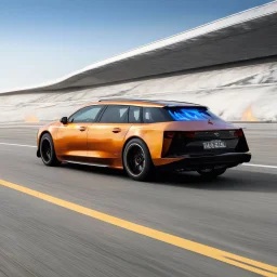 award winning car and driver photograph of a futuristic station wagon fighter-jet hybrid designed by only one vehicle per image painted metallic orange traveling at a high rate of speed, jet intake off of front center of vehicle and jet exhaust out the rear with bright blue flame, bilaterally symetrical, more a high speed road vehicle