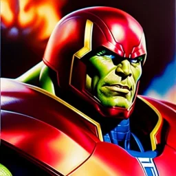 portrait oil on canvas, Hulkbuster Armor,comic book cover, mystical colors,insanely detailed,realistic,intrincate detail, 16k resolution, masterpiece,Frank Frazetta,Alex Horley, Simon Bisley.