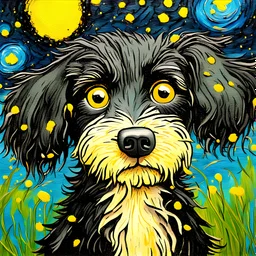 a painting of a cartoon dog portrait in the style of vincent van gogh the starry night, thick paint, big brushstrokes; weird, freckles, black hair, bangs, tired, insomnia, unsettling; fresh vibrant graffiti oil painting art image; watching dandelion seeds in the wind, alcohol inks, chalks, oil pant, glitter, mixed media;fresh color;random color Zentangle patterns in the styles of Gustav Klimt ,Wassily Kandinsky, Paul Klee, and Kay Nielsen that depicts a a remote autumn forest glade, with fine in