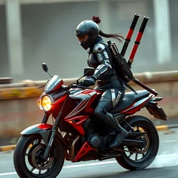 Asian cyborg ninja female warrior with katanas strapped to her back riding a motorcycle