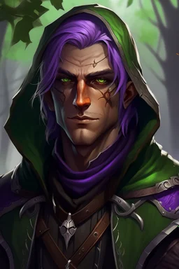 Portrait of male rogue elf, thief assassin, purple hair, bright green eyes, brown skin, black hood, black leather armor, messy, disheveled, trees, sneaky