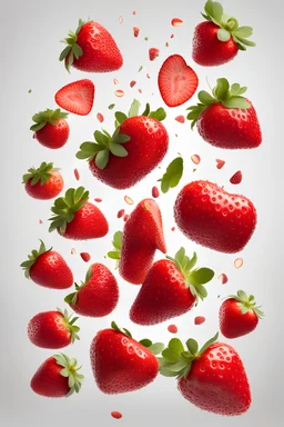 Whole and sliced strawberries in the air isolated on white background