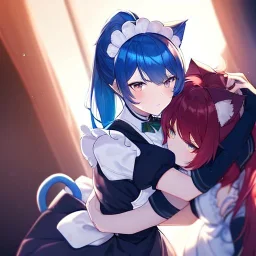 Clear Focus, High resolution, wearing a maid uniform, fluffy hair and a long ponytail, blue hair, cat ears, meowing, hugging another girl with red long fluffy hair also wearing a maid outfit, looking at you