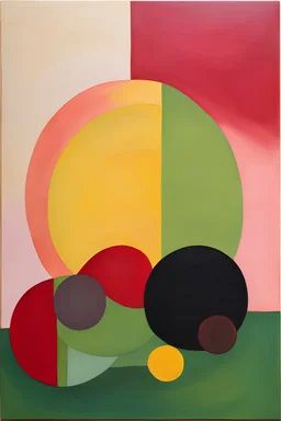 Eco-Minimalism" - Depict the idea of sustainability and eco-consciousness in a minimalist painting that incorporates organic shapes and earthy colors with vibrant dark shades red yellow pink light green