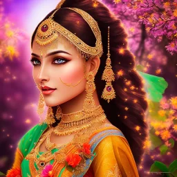 bright indian fairy, beautiful portrait, flowery landscape