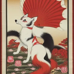 traditional Japanese art, kitsune, 9 tailed fox