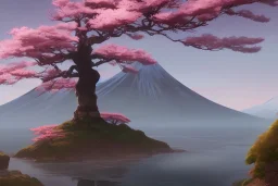 Japanese Fuji Mountain, concept art, smooth, extremely sharp detail, finely tuned detail, ultra high definition, 8 k, unreal engine 5, ultra sharp focus, illustration, magic ambient, cherry blossom trees , bonsai .