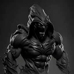 3D emblem, a muscular monster made of black mud, in a hood, arms and legs, running at you, an evil look, a gloomy smile, simple background, photorealistic.