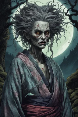 full color front facing portrait of a malevolent female Yama Uba witch in a ragged kimono with highly detailed shaggy hair , aged emaciated, and withered facial features, in a haunted mountain forest, pierced by shafts of moonlight , 8k , finely detailed and precise line work, soft natural Spring colors