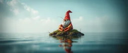 airbrush rendering, close up lobster gnome on small island in lake, pinhole cam