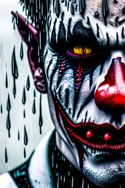 ultra detailed and highly realistic image of a gothic, scary clown, close up of him standing in the rain, the rain messed up his face makeup as it smudged of his face, chaotic, dramatic upclose view, 32k, splatter paint style