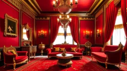 Opulent interior with red walls and heavy red drapery, gold-framed artwork, ornate gold furniture, a large chandelier, and a patterned carpet