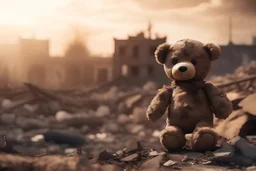 kids teddy bear toy over city burned destruction of an aftermath war conflict, earthquake or fire and smoke of world war against children peace innocence as copyspace banner