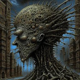 inkpunk, Melancholic hydraulics, horror never satisfies, inspired by the nightmare paintings of Zdzislaw Beksinski, style by H.R. Giger, sinister, fantastical, color