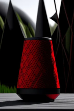 portable speaker, form inspired by merdeka 118 tower , flora and faunaform, geometric design style and black and red color