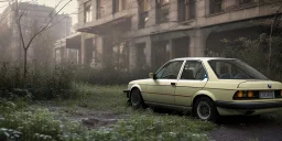 an abandoned 1990 bmw 2-door 4k,overgrown by nature with large ,ultra realistic,concept, 4k ,on street, parked in crowded city winter,8k resolution, high-quality, fine-detail