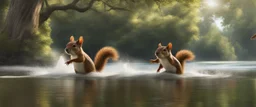 Finn's paddling like crazy, I'm laughing so hard I'm paddling backwards We arrive at Squirrel Island – Bigalow leaps out, does a victory dance, and then... Starts digging like a maniac near the base of the oldest oak tree Finn whispers to me: "Think he knows the acorns are guarded by Squirrelzilla..." Suddenly, a fierce chattering noise echoes – A GIANT SQUIRREL EMERGES ON WATERSKIES, EYES FIXED ON BIGALOW!