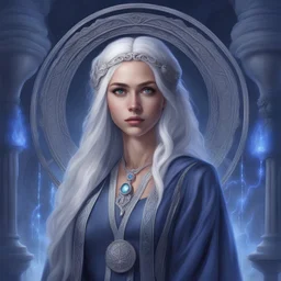 dungeons & dragons; digital art; portrait; female; sorceress; dark blue eyes; silver hair; braids; young; robes; veil; traveling; flowing robes; greek style dress; teenager; magic; magic circle; halo background; pretty; half-elf; soft details