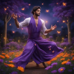 Hyper Realistic Young Muscular Handsome Sufi Whirling with Purple & Orange Islamic Sufi Rustic Grungy in a beautiful flower garden at dark night with fireflies & starts on sky