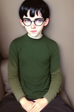 Book description: A boy with thin face, black hair and bright-green eyes. He wore round glasses. very thin scar on forehead