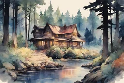 retro anime style, full color, dark serious 1980s anime style, A western cottage in the forest near a river, watercolor, forest,