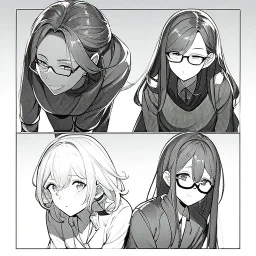  three girls, leaning pose, sueter, glasses, Line art,