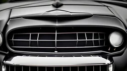 Photograph of a the front grill of a gorgeous, expensive, oldschool black sports car with a big, black front grill, realistic, stylish, taken up close from the front of the car.