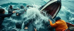 humping whale, close up on scared people, collisions, aggression, ship hitting animals, animals interacting with vehicles, whales near boats, overlapping subjects, chaotic composition, distortion, surreal behavior, violence, confusion, merged objects, happiest whale ever