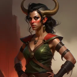 a beautiful dark haired tiefling woman in a sleeveless battle outfit,