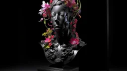 The image depicts a sculptural representation of a humanoid figure with a blank face, surrounded by an array of vibrant flowers and botanical elements. In detail, the scene features a central black sculpture resembling a bust, which lacks facial features and is framed within a shadowed enclosure. Surrounding the bust are various types of orchids and other flowers, such as pink and white blooms. The botanical elements are vivid, showcasing rich greens and bright colors that create a lively contr