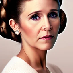 realistic analog style photography, Beautiful photorealistic close up face of carrie fisher, soft ethereal skin, symmetrical hairstyle,studio lighting, sharp brown eyes, dark plain background