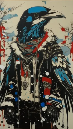 A contemporary serigraphy portrait by Kunisada of a crow adorned in a punk leather jacket within a snowy Christmas atmosphere.