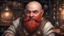 A bald dwarf, with thick red beard. His brownish-red eyes with the white of an eye in shade of light wood. He is in his workshop with jewellery.