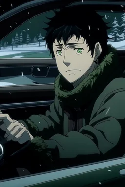 Megumi Fushiguro | Jujutsu Kaisen a guy with disheveled black hair an anime character is sitting in a car wearing a scarf. It's snowing outside and it's nighttime. Everything is pale and dreary