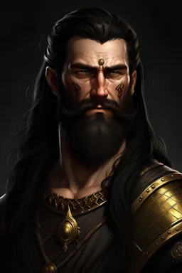 Um viking, com cabelos negros e olhos dourados, alto e músculos