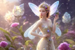 one very little beautiful fairy on a big crystal subtle flower in a galactic ambiance, transparent petals, delicate colors, in the foreground, full of details, smooth, bright sunshine，soft light atmosphere, light effect，vaporwave colorful, concept art, smooth, extremely sharp detail, finely tuned detail, ultra high definition, 8 k, unreal engine 5, ultra sharp focus