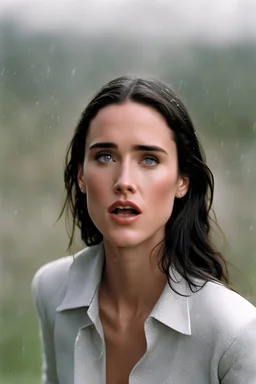 Beautiful 25 year-old Jennifer Connelly is standing outside in a rain shower with no rain-coat, umbrella, or hat on, with her head tilted up to the sky, her tongue sticking out and catching raindrops, as if reliving a childhood memory.