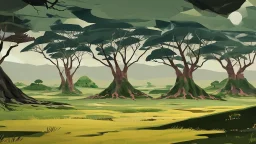Beautiful landscape with trees, earth opens up and breaks down in black polygons.