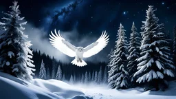 night in a forrest,a wide angle shot of a white owl flying above the snow,mist,a fir forrest ,dark sky,stars, valley, snow, masterpiece, sharp focus,volumetric lighting,