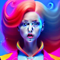 red hair woman, smile, purpurin, minimal latex dress, oversize velvet coat, gradient color, BLUE, PINK, CYAN, neon, insanely detailed, 16k resolution, perfect eyes, cinematic smooth, intricate detail