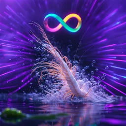 infinity symbol ∞ with vibrant powerful shrimp coming out of the water, striking, neon, chiaroscuro, dramatic, captivating, powerful, fantasy, beautiful, octane render, 16k post-production, artstation: award-winning: atmospheric: commanding: fantastical: clarity: ultra quality: striking: brilliance: stunning colors: amazing depth; lens: f/11, 35mm