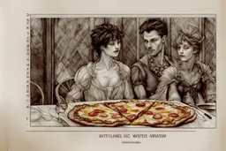 Italian men and women sitting around a pineapple pizza, watching in horror beautiful intricate, soft delicate watercolor, dramatic, perfect composition, by Arthur Rackham Modifiers: highly detailed intricate very attractive beautiful fantastic view watercolor Arthur Rackham Jean-Baptiste Monge Egon Schiele muted tones professional Enki Bilal patchwork watercolor and ink Xuan Loc Xuan