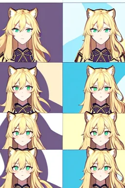 Druid character, young woman, cougar ears, cougar tail on lower back, blonde hair, long hair, green eyes, scars on body, animal hide armor, waist up portrait, 4k resolution, intricate details, ornate details, soft lighting, vibrant colors, retroanime, masterpiece, intricate eyeliner, dark eyeshadow, eyes, intricate tattoos, natural background