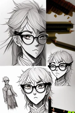 Drawing sketches of a character wearing round glasses inspired by the Demon Slayer anime