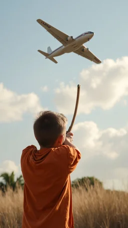 A boy with slingshot aiming towards an airplane in the sky