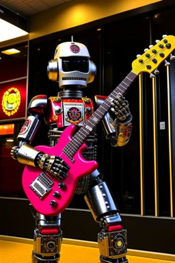 A hard rock robot is hosting a radio show in a m